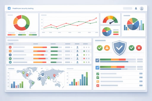 Clean dashboard interface showing centralized vulnerability management and compliance tracking for healthcare security testing