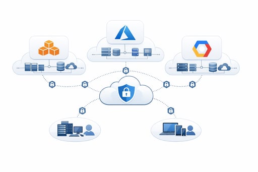 Clean cloud infrastructure diagram showing secure connections across AWS, Azure, and GCP platforms