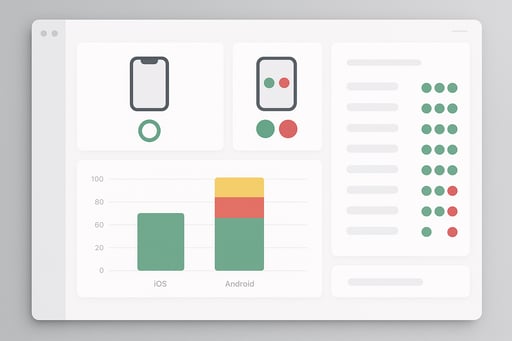 Clean dashboard interface showing mobile security testing coverage across iOS and Android devices with vulnerability status indicators