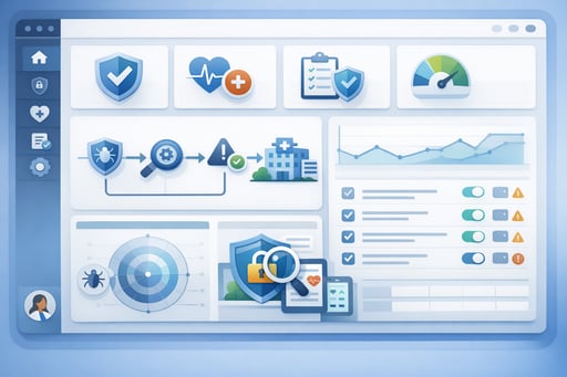 Clean dashboard interface showing security testing integration with healthcare compliance workflows